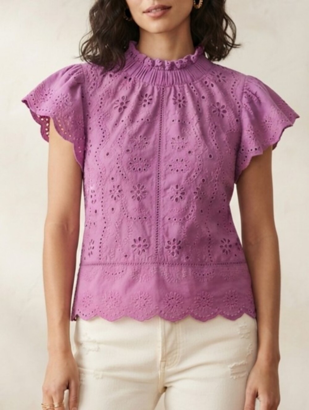 Sz S 100% Cotton Eyelet Ruffle-Neck Flutter Sleeve Boho Top in Lavender Purple